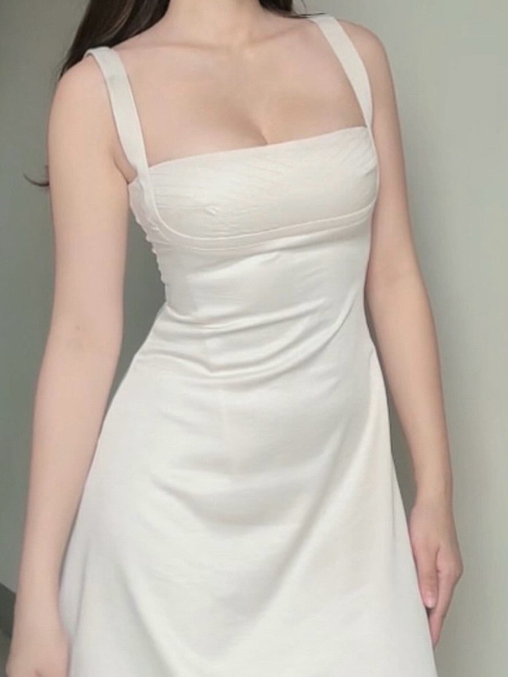 Slim-Fit Cream Mini Dress with Square Neck and Wide Straps